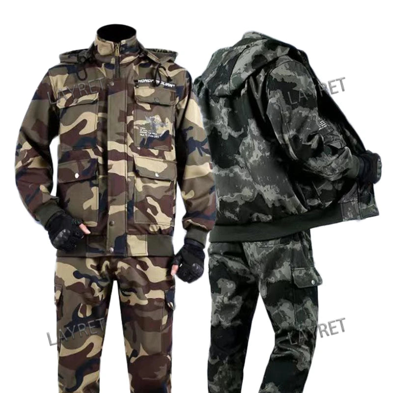 Camouflage Hoodie coat and Pants Set Winter Plush Warm Multi Pocket