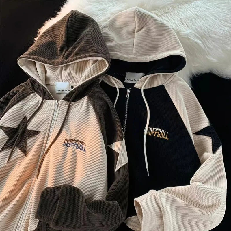 American Star Patch Corduroy Hoodie Coat Unisex Y2k Street Retro