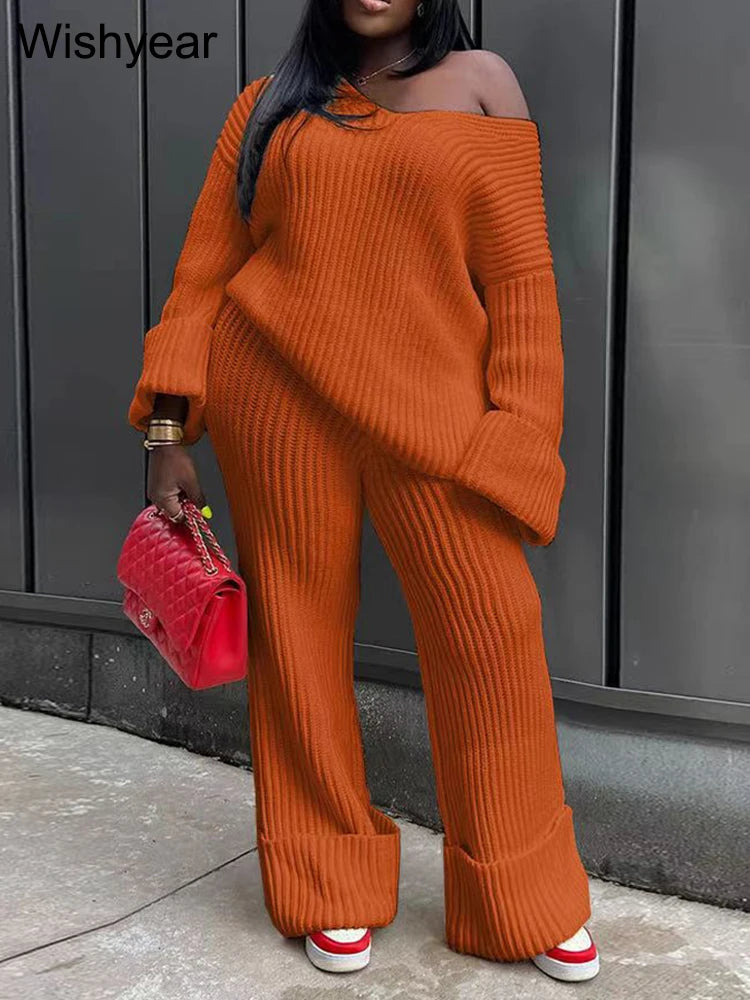 Sexy V Neck Off Shoulder Knitted Sweatshirt Top Wide Leg Pants