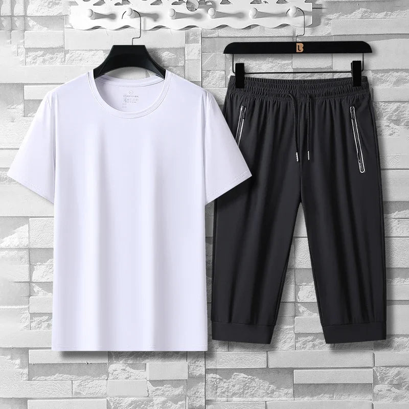 Summer High-quality Ice Silk 7-point Casual long short Pants Set For Men