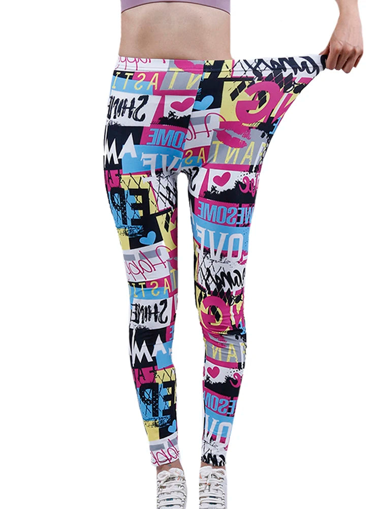 Hot Women's Color Letter Print Fashion High Elastic Leggings