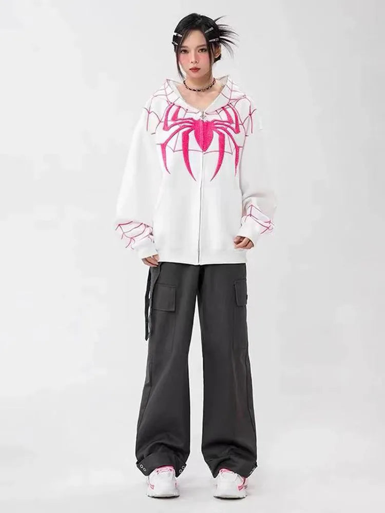 Gothic Y2k Anime Embroidery Zipper Spider Hoodies Unisex Harajuku Oversize