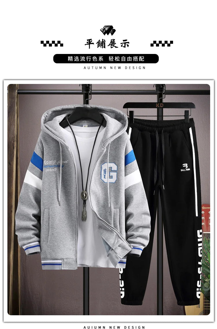 Men's Outdoor Sports 2 Pieces Tracksuit Hooded Sportswear with bold Print