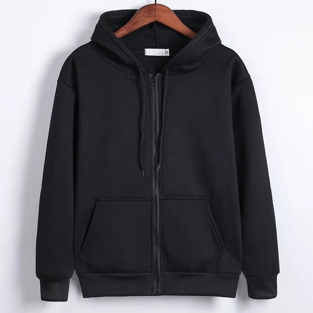 Fashion Men's Solid Color Pockets Casual Hoodie Zip-up