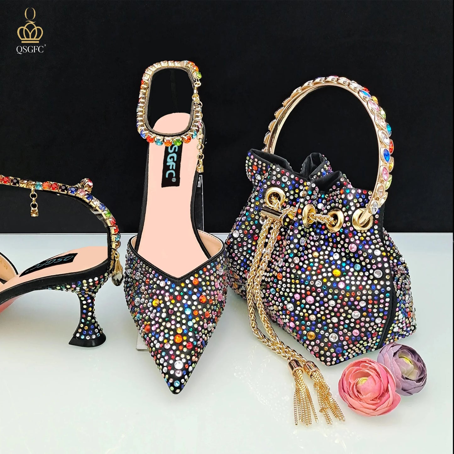 Italian Design Luxury Women's Pointed Shoes And Bag Set Full Decoration