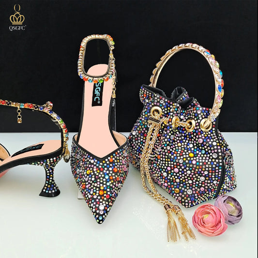 Italian Design Luxury Women's Pointed Shoes And Bag Set Full Decoration