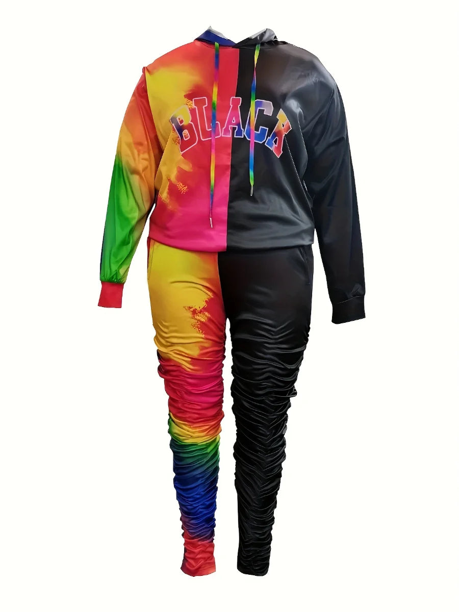 Plus Size Women Casual Tie Dye Letter Print Hoodie Tracksuit