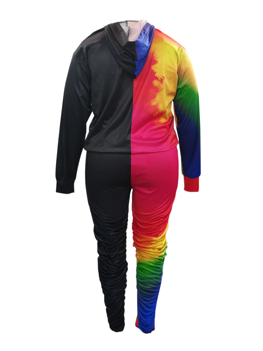 Plus Size Women Casual Tie Dye Letter Print Hoodie Tracksuit