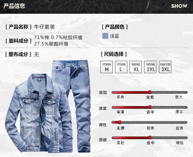 Denim Suit Men's Slim Micro-stretch Two-piece Spring And Autumn Jacket Jeans Suit