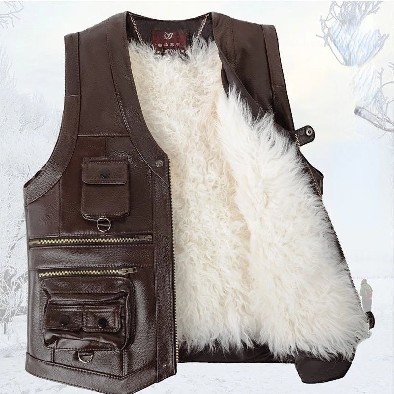 Mens Genuine Leather Cowhide Vest Integrated with Fur Lining