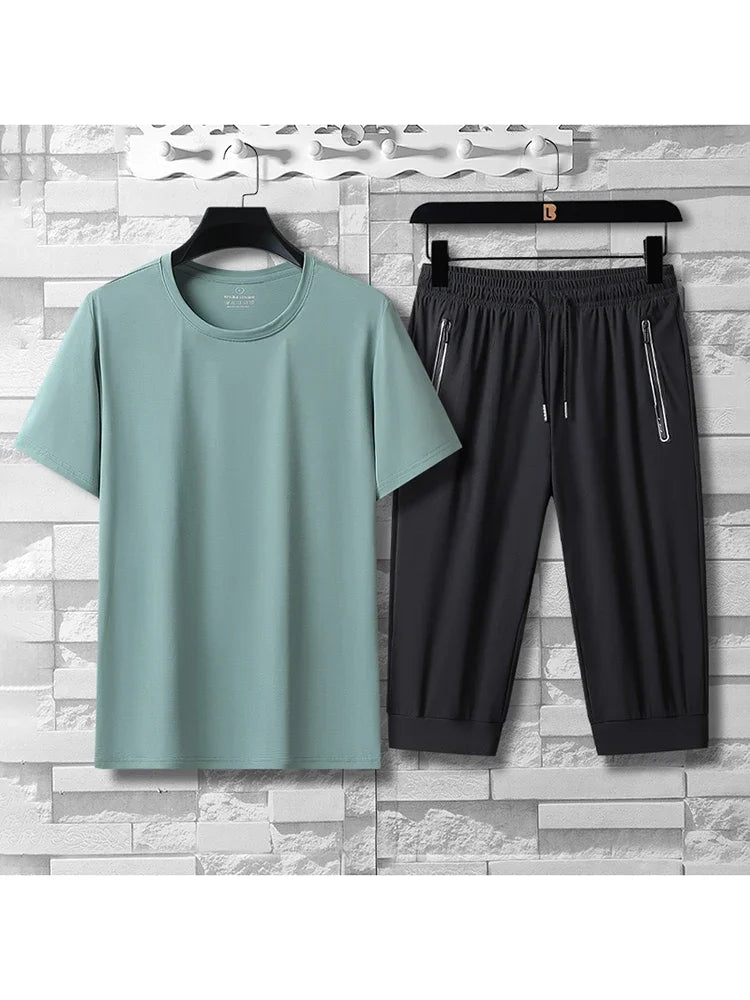 Summer High-quality Ice Silk 7-point Casual long short Pants Set For Men