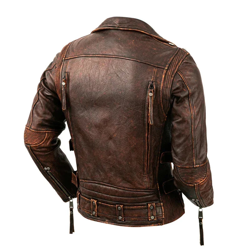 Genuine Leather Men Slim Stone Milled Retro Jacket Calfskin Leather