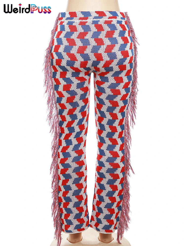 Womens Knit Colorful Plaid Pants Trendy Skinny Stretch