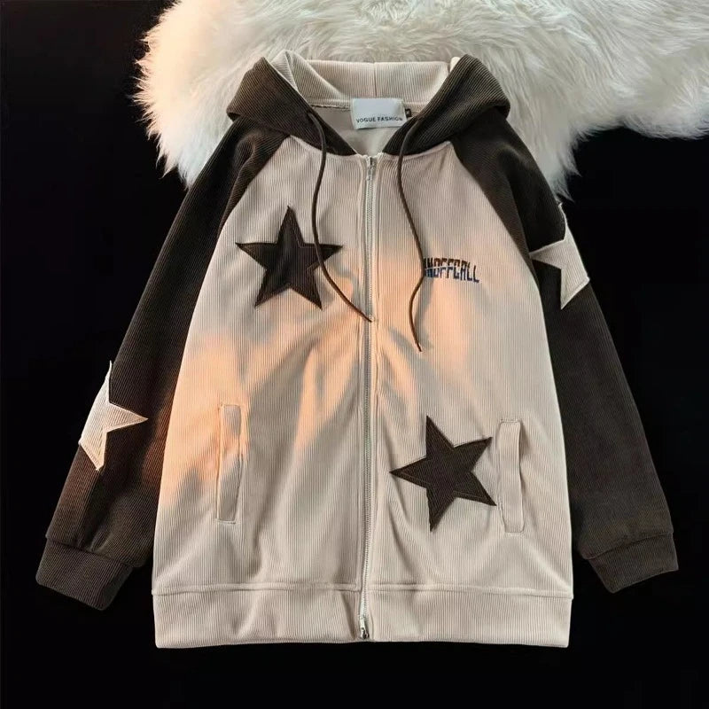 American Star Patch Corduroy Hoodie Coat Unisex Y2k Street Retro