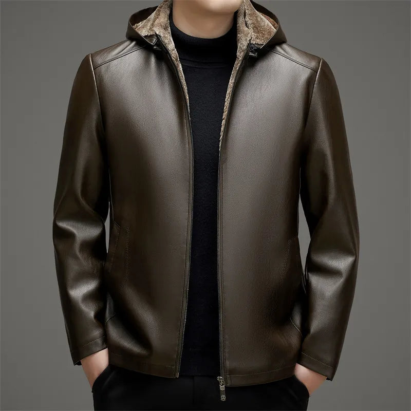 High Quality Stylish Winter Fur-thickened Hooded Leather Jacket