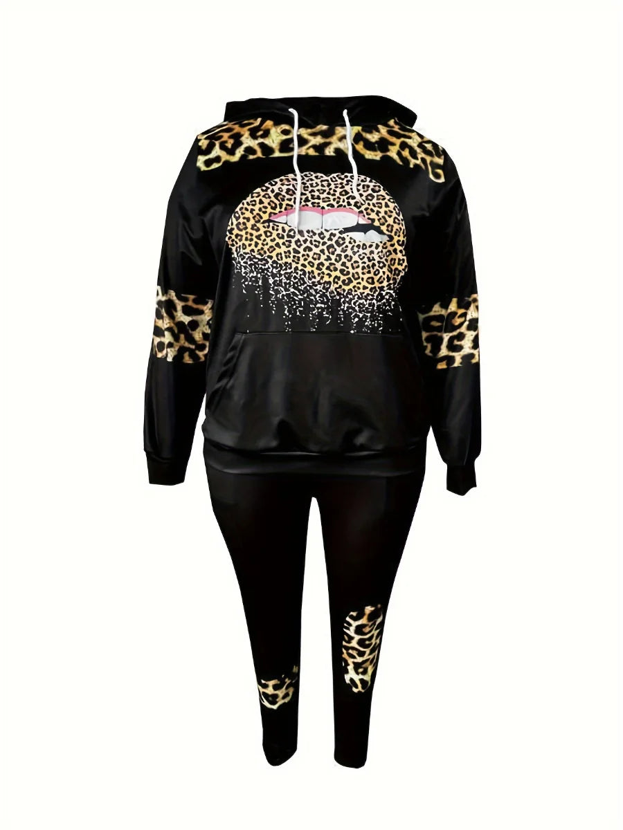 Plus Size women Print Hoodie Fashion tracksuit set