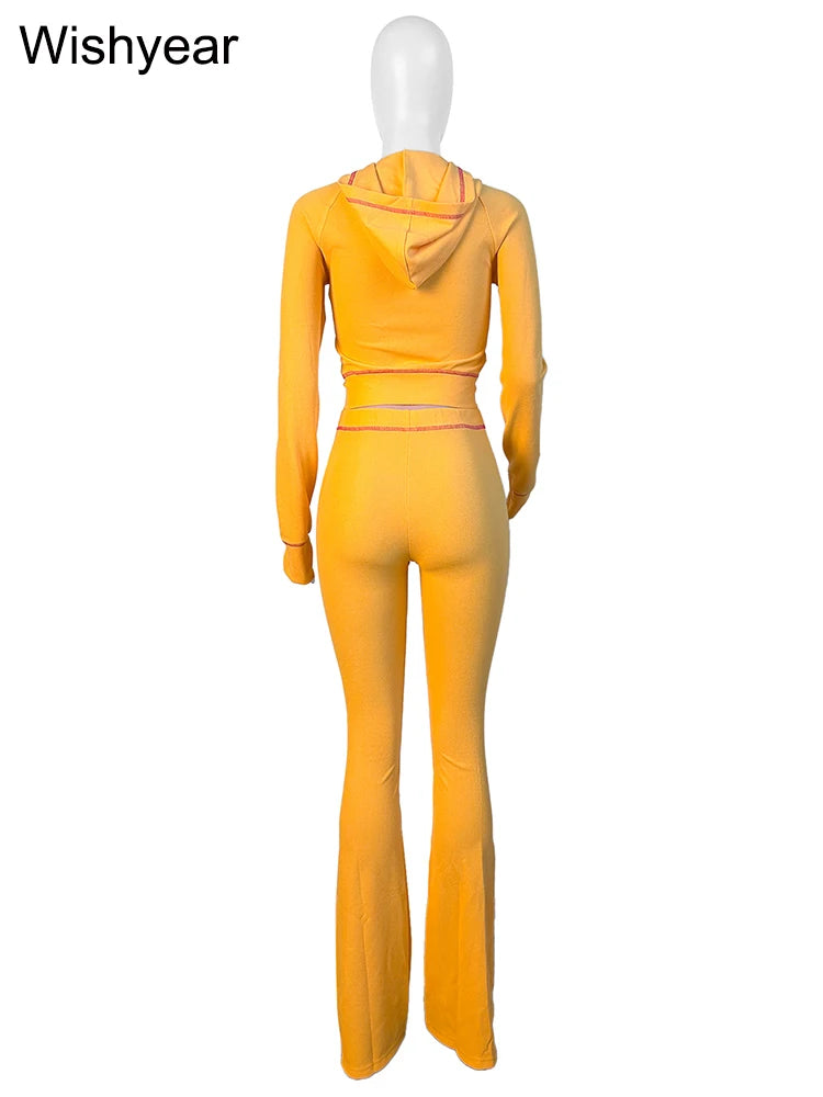 Fashion Yellow Long Sleeve Hooded Crop Jacket Top and Jogger Flare Pants Two 2 Piece Set Women Sweatsuit Tracksuit Matching Suit