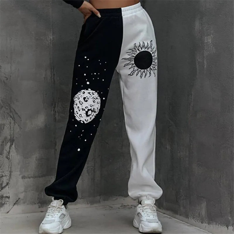 Women's Pants Harajuku Elastic Waist Side Sun Moon Graphic Print