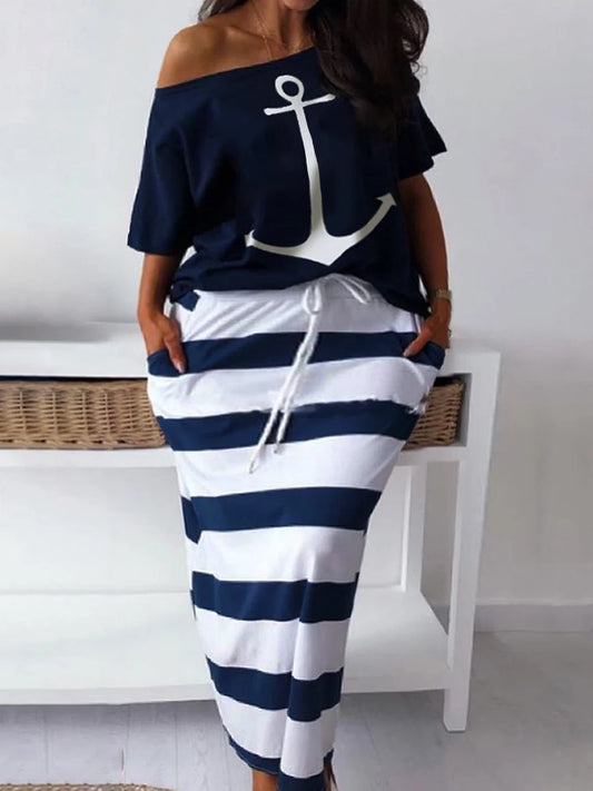 LW Plus Size matching sets Two Piece Striped Skirt Set Fashion Casual