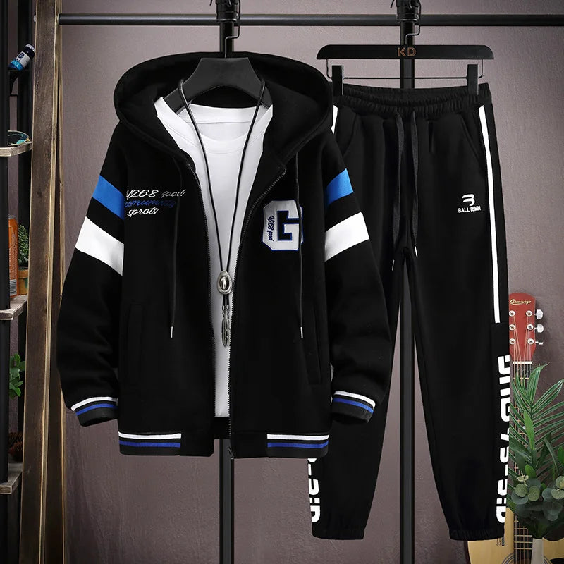 Men's Outdoor Sports 2 Pieces Tracksuit Hooded Sportswear with bold Print