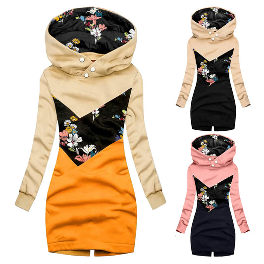 Women's Splicing Printed Sweatshirt Hoodie Casual Long Slim Thick Hoodie.