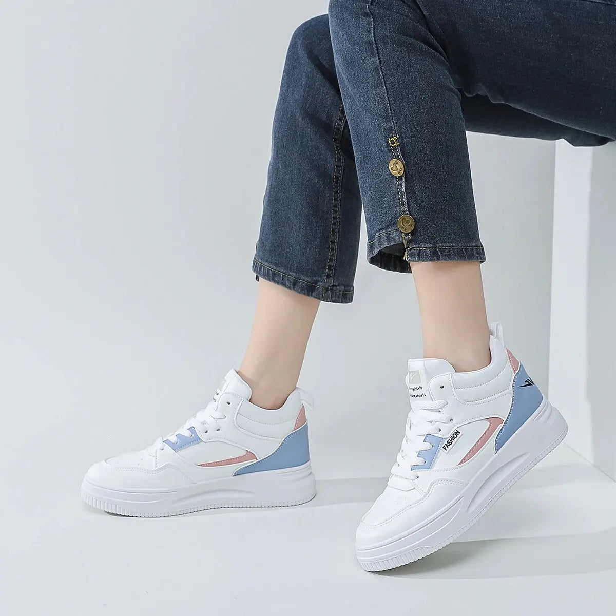 2024 Women White Color block High-top Sneakers Lightweight