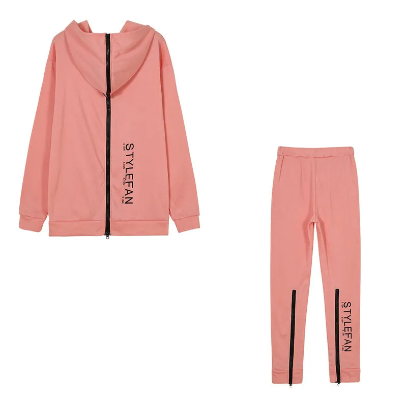 Fashion Women's Long Zipper Front and Back with Letter Printing Loose Long Sweater + Trousers Suit