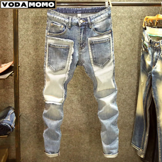 Men denim straight worn hole jeans Europe and America