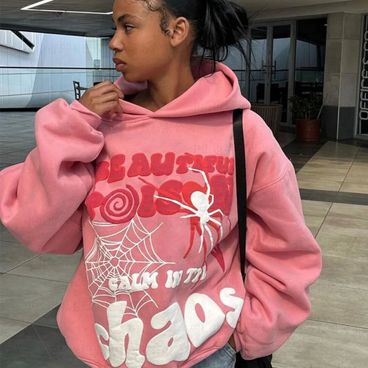 Y2K Punk Hoodies Women's Spider Print Hip Hop Oversized with Pockets