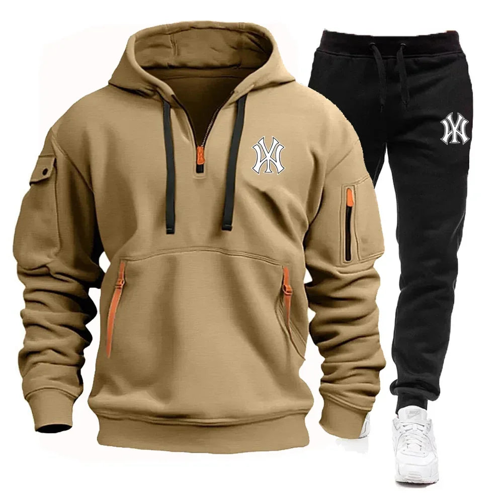 Men's Hoodie + Pants Multi-pocket  half Zipper High Quality Warm Fashion clothing