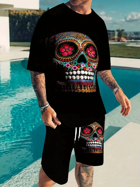 Skull Pattern Men's 2 Piece Outfits, Comfy T-shirt And Casual Shorts