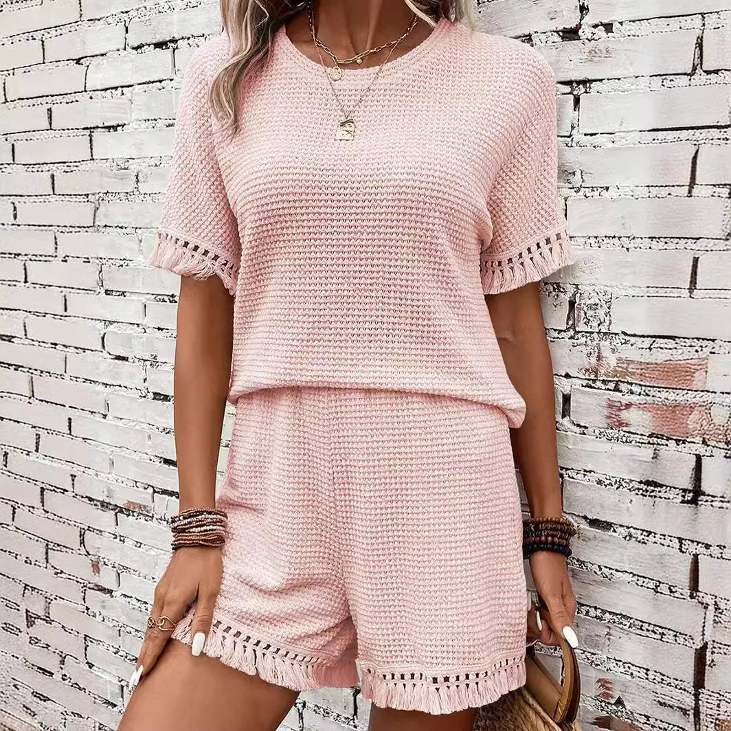 Women Summer New Solid Color Simplicity Round Neck Comfortable Two Piece Set