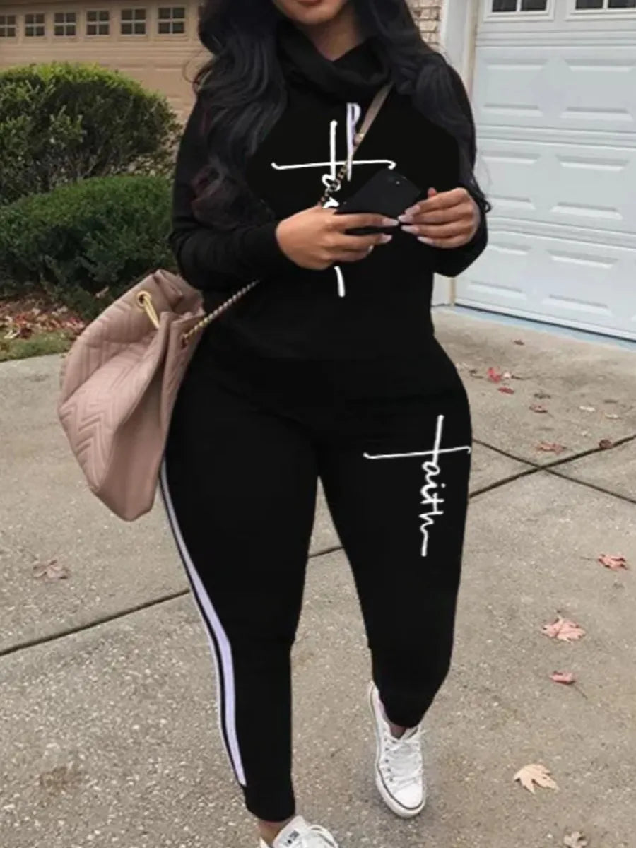 Plus Size Women's Hoodie Tracksuit Chain Print Drawstring Pants