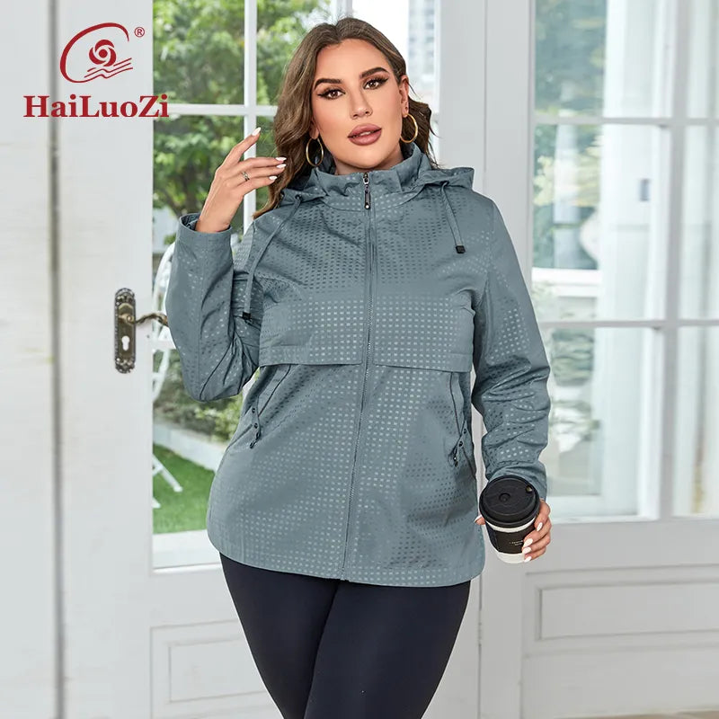 Plus Size Women Short Trench Coat Detachable Hood Windproof