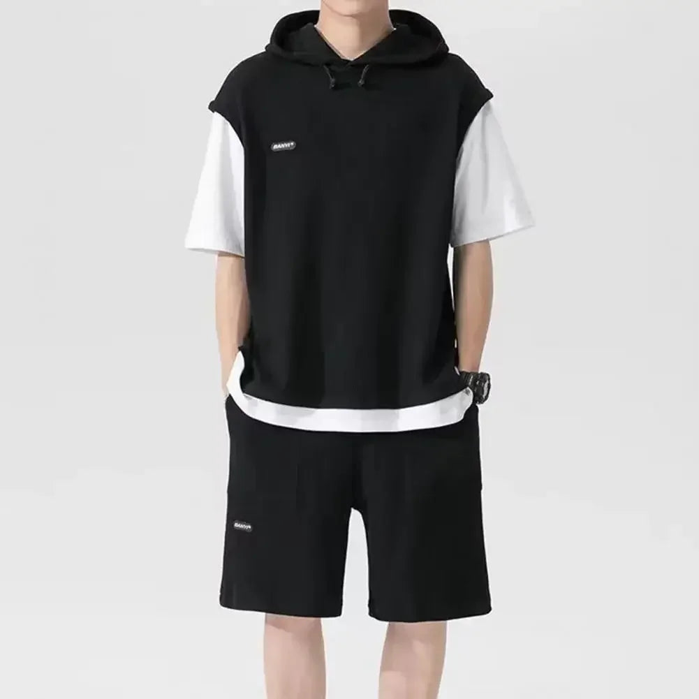 Two Pieces Men's Casual Sports with Hooded Drawstring Top Waffle Texture