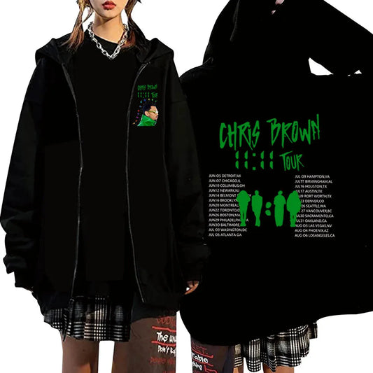 Chris Brown 11:11 Tour 2024 Zipper Graphic Unisex Y2K Hoodie