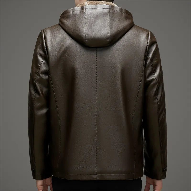 High Quality Stylish Winter Fur-thickened Hooded Leather Jacket