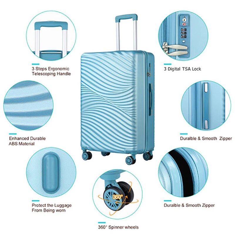 20" 24" 28" Luggage Set Blue Hardside Lightweight Suitcase Trolley