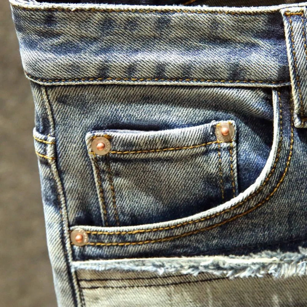 Men denim straight worn hole jeans Europe and America