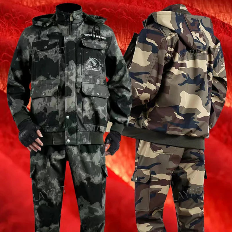 Camouflage Hoodie coat and Pants Set Winter Plush Warm Multi Pocket