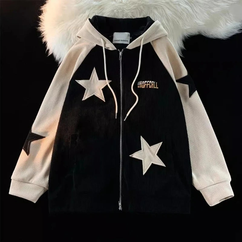 American Star Patch Corduroy Hoodie Coat Unisex Y2k Street Retro