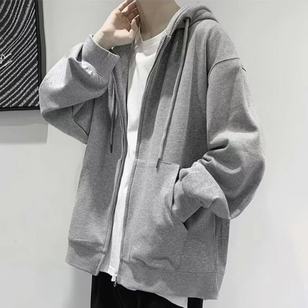 Fashion Men's Solid Color Pockets Casual Hoodie Zip-up