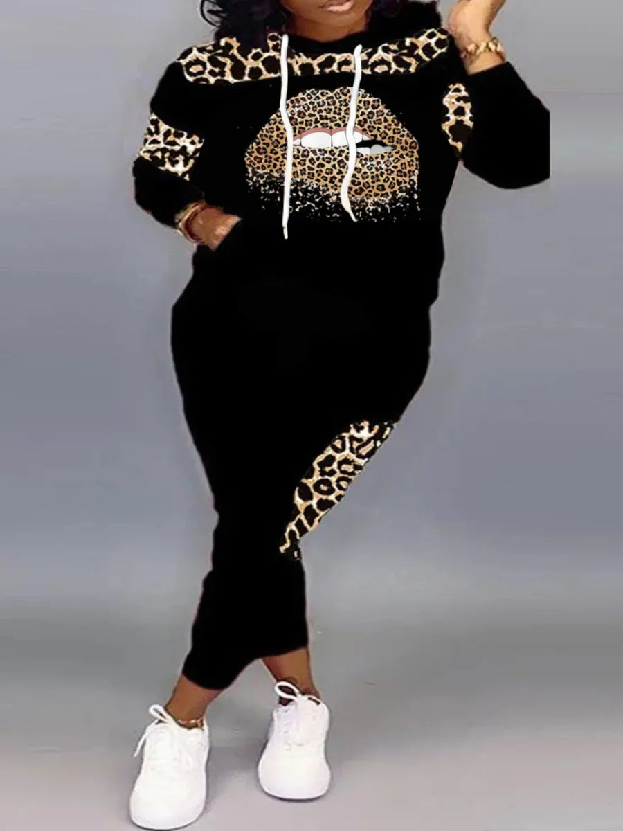 LW Plus Size Autumn  Women Long Sleeves Two Pieces Hooded Collar Leopard Print Tracksuit Set Sweatshirts Pullover Hoodies Pant