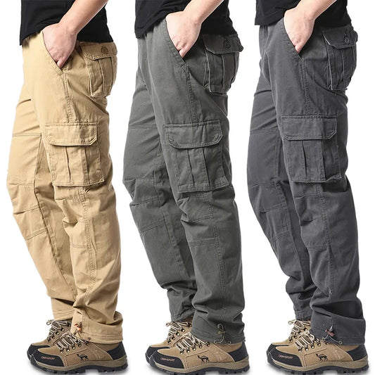 Large Pocket Loose Overalls Men's Outdoor Sports Pants Elastic Waist Pure Cotton