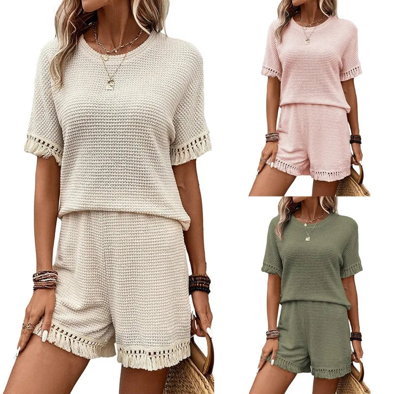 Women Summer New Solid Color Simplicity Round Neck Comfortable Two Piece Set