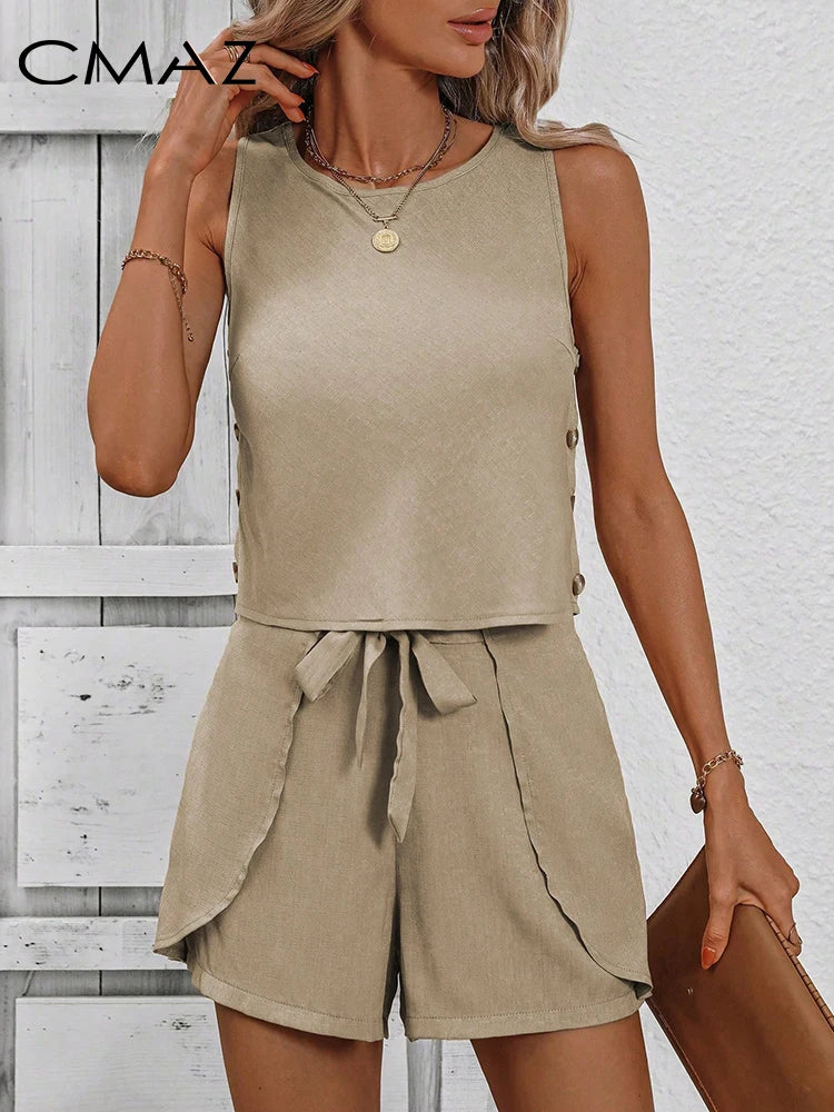 Women's Shorts Two Pieces Crew Neck Vest Daily Lady Tops Casual Short