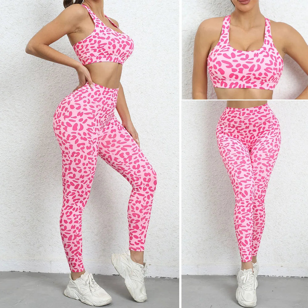 Women Leopard Yoga Set Sportswear Sexy Girl Tracksuit