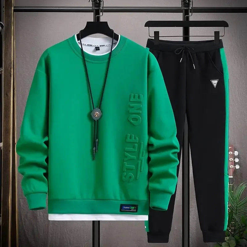 Plain Male Crew Neck Sweat Shirt and pants Style One Sets Alphabet Tracksuit