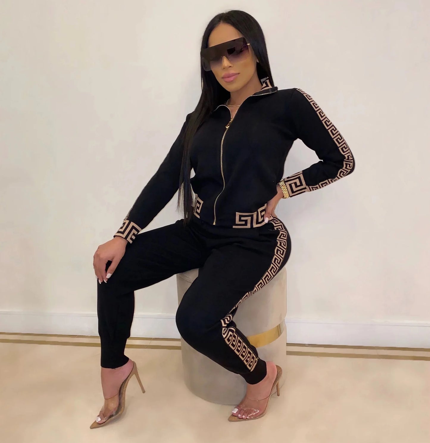 Tracksuits Women Elegant Two-Pieces Stylish Plus Size Greek Fret Print