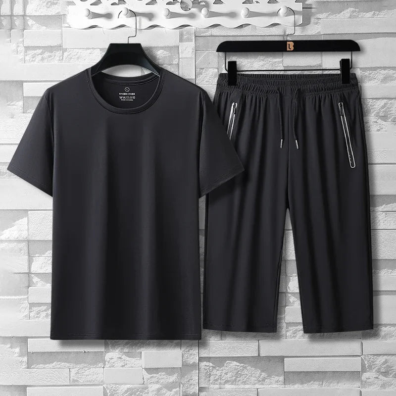 Summer High-quality Ice Silk 7-point Casual long short Pants Set For Men